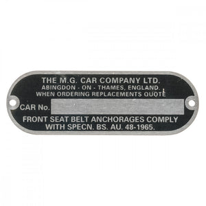 PLAQUE D'IMMATRICULATION DE CHÂSSIS, MG CAR COMPANY