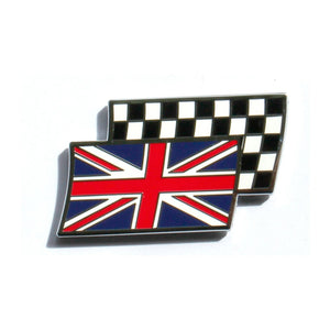 BADGE UNION JACK OVER CHEQUERED FLAG, DECAL, ENAMELD