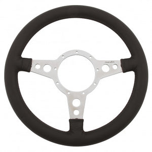 STEERING WHEEL, MOTO-LITA Mk4, 14" LEATHER RIM, POLISHED SPOKES, HOLES, FLAT