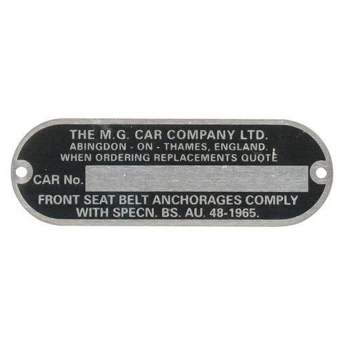 CHASSIS NUMBER PLATE, MG CAR COMPANY
